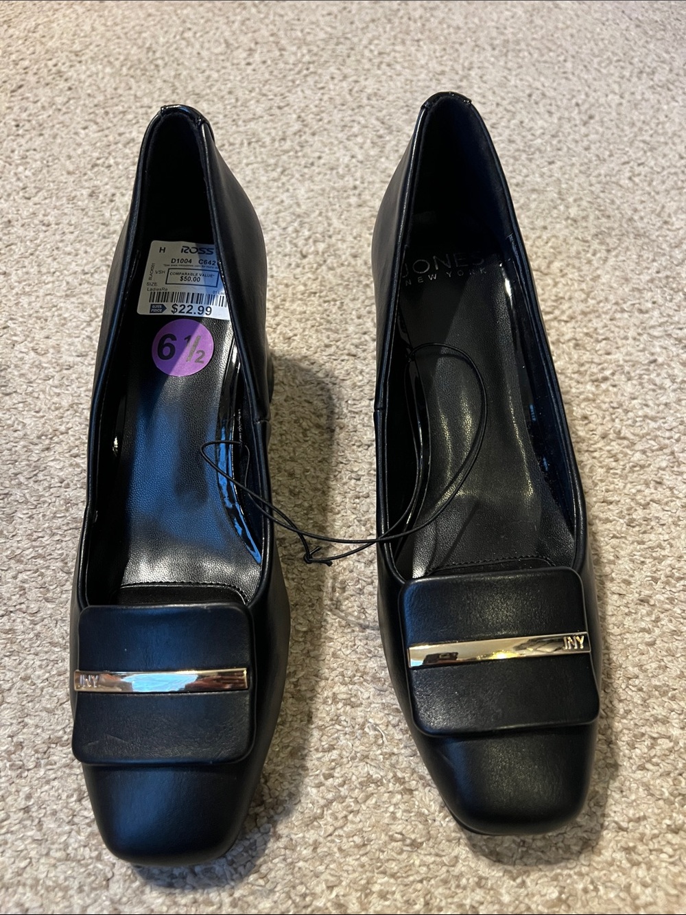Jones New York Black Leather Square-Toe Pumps with Gold Bar